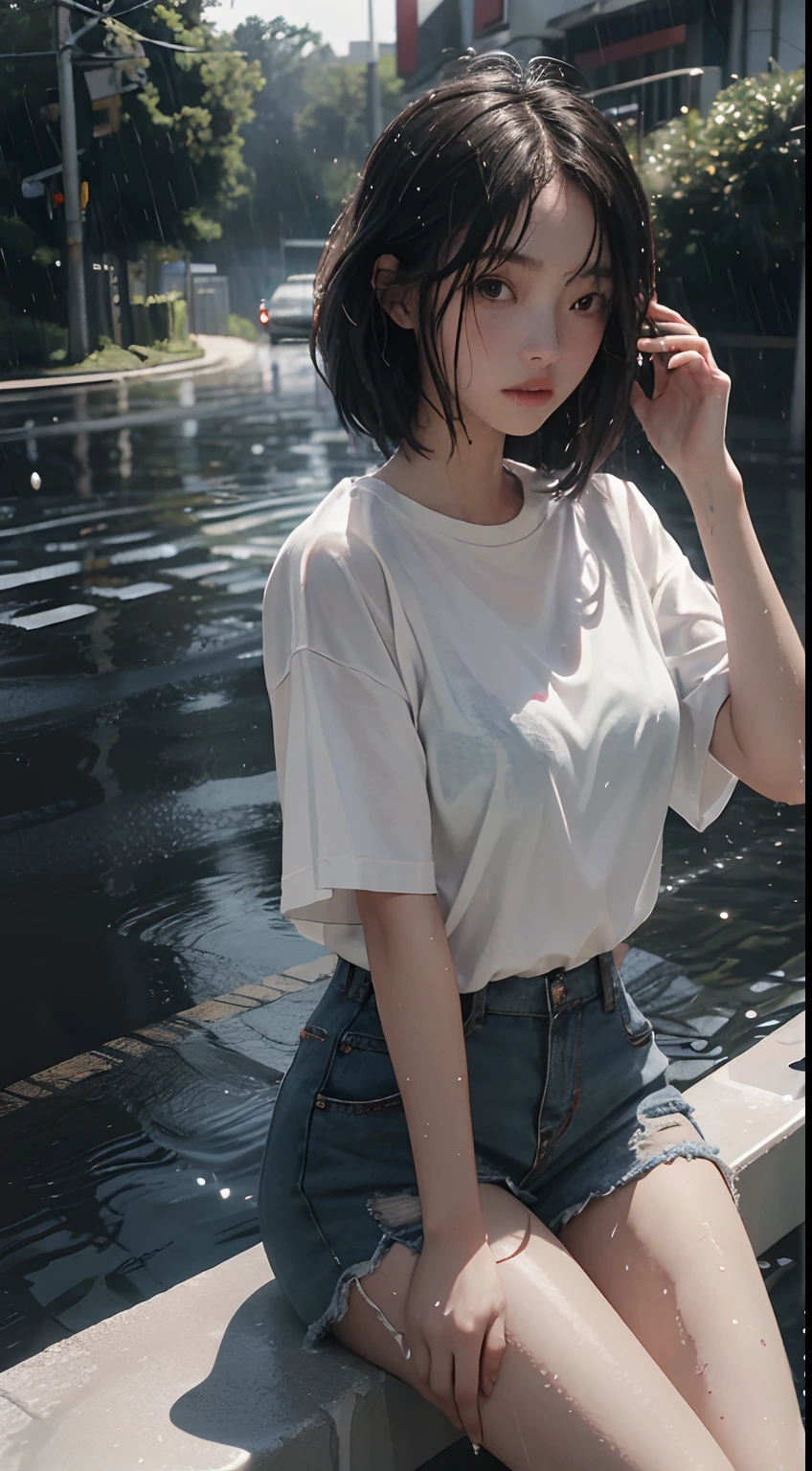 Best Quality, masutepiece, Hyper-Resolution, (fidelity:1.4), Photos, 1 cute girl in white shirt, movie, (Wet clothes, Real rain, Wet hair,..