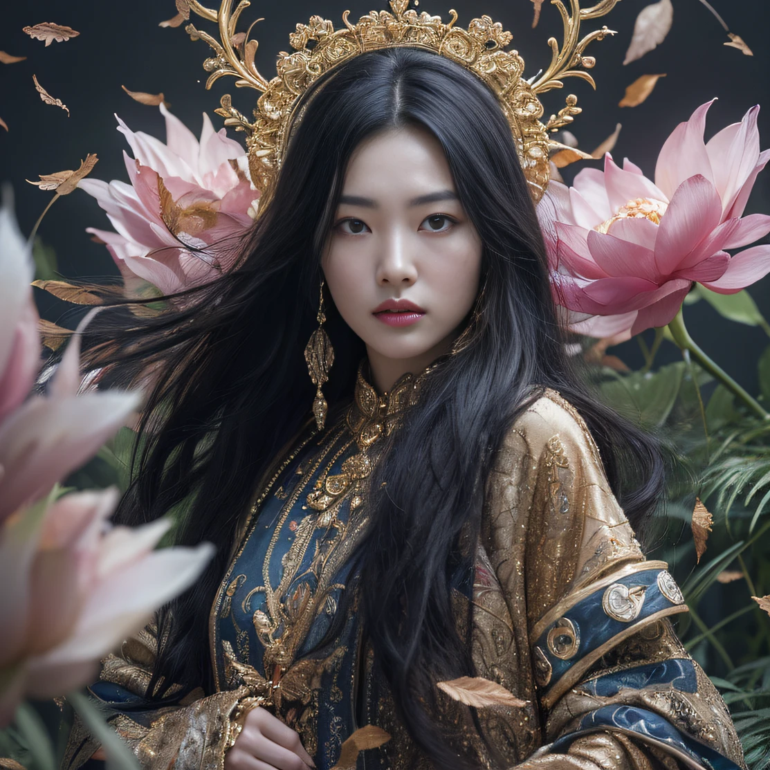 Gold backstop 32K（tmasterpiece，k hd，hyper HD，32K）Long flowing black hair，ponds，zydink， a color， Aozhou people （Concubine girl）， （Purple silk scarf）， Combat posture， looking at the ground， long whitr hair， Floating hair， Carp pattern headdress， Chinese long-sleeved clothing， （Abstract gouache splash：1.2）， Pink petal background，Pink and white lotus flowers fly（realisticlying：1.4），Black color hair，Fallen leaves flutter，The background is pure， A high resolution， the detail， RAW photogr， Sharp Re， Nikon D850 Film Stock Photo by Jefferies Lee 4 Kodak Portra 400 Camera F1.6 shots, Rich colors, ultra-realistic vivid textures, Dramatic lighting, Unreal Engine Art Station Trend, cinestir 800，Long flowing black hair，Denim skirt