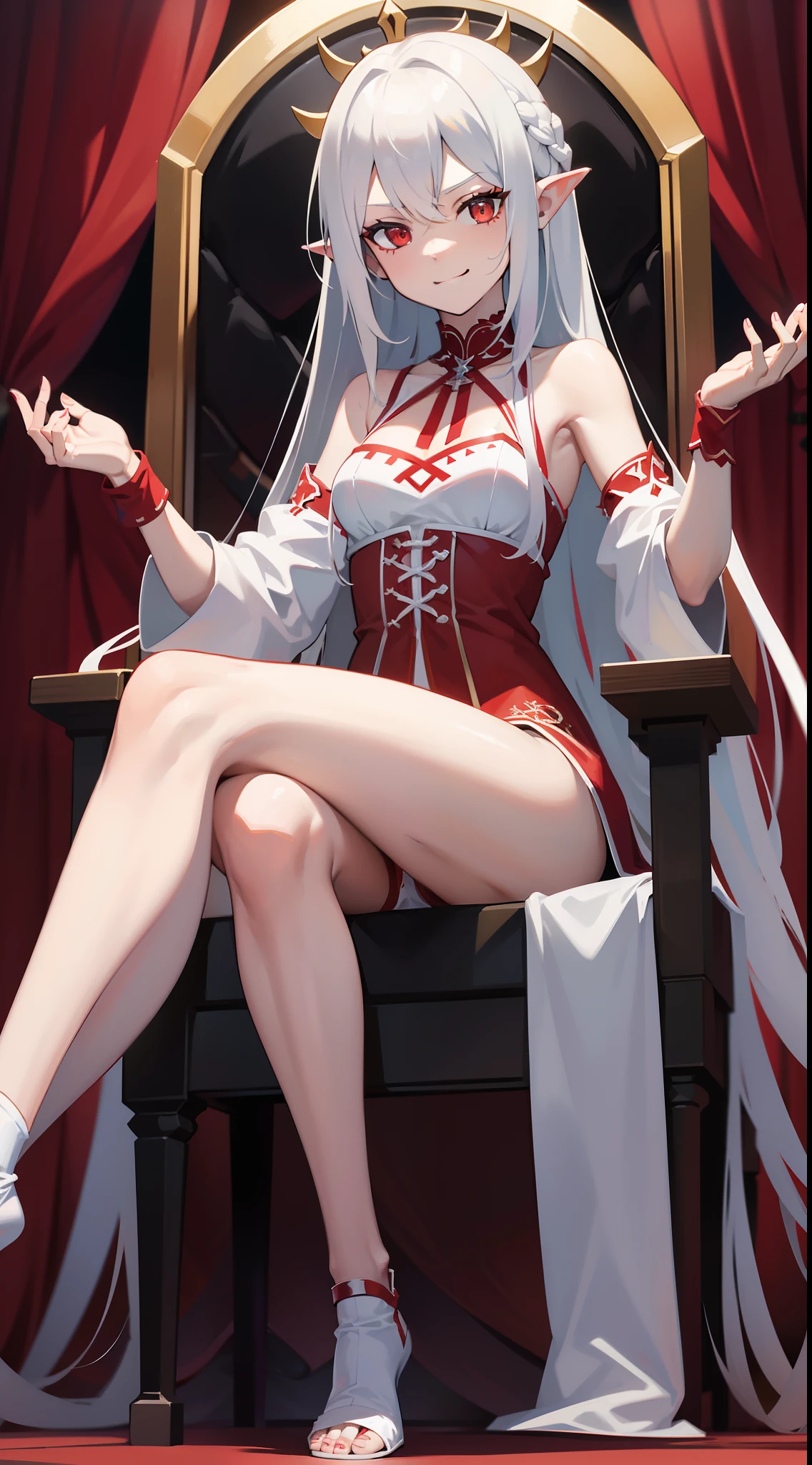 young girl, Long white hair, red eyes, Red Futhark Tattoo, smirk, princess dress, small breasts, open breasts, Wide neckline, sitting on the throne, legs crossed, Masterpiece, hiquality, higly detailed, HD, 4k