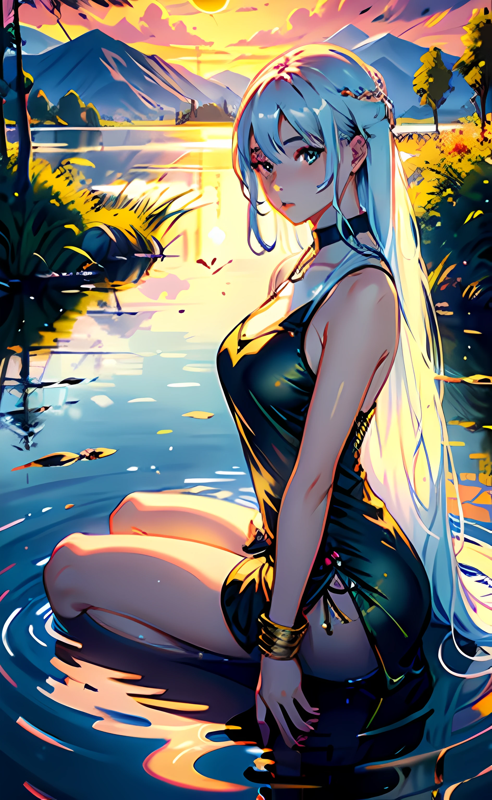 1 girl, serene expression, mesmerizing eyes, straight long hair, flowing dress, poised posture, porcelain skin, subtle blush, crystal pendant
BREAK
golden hour, (rim lighting):1.2, warm tones, sun flare, soft shadows, vibrant colors, painterly effect, dreamy atmosphere
BREAK
scenic lake, distant mountains, willow tree, calm water, reflection, sunlit clouds, peaceful ambiance, idyllic sunset, ultra detailed, official art, unity 8k wallpaper
, zentangle, mandala