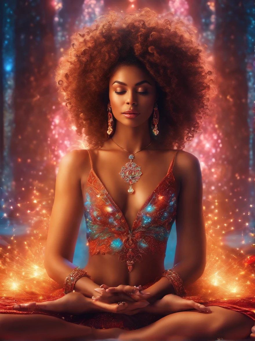 a pregirl,Meditate cross-legged, at centre,Very bright colors, Light particles, with light glowing, Mshiv, wallpaper art, UHD wallpaper