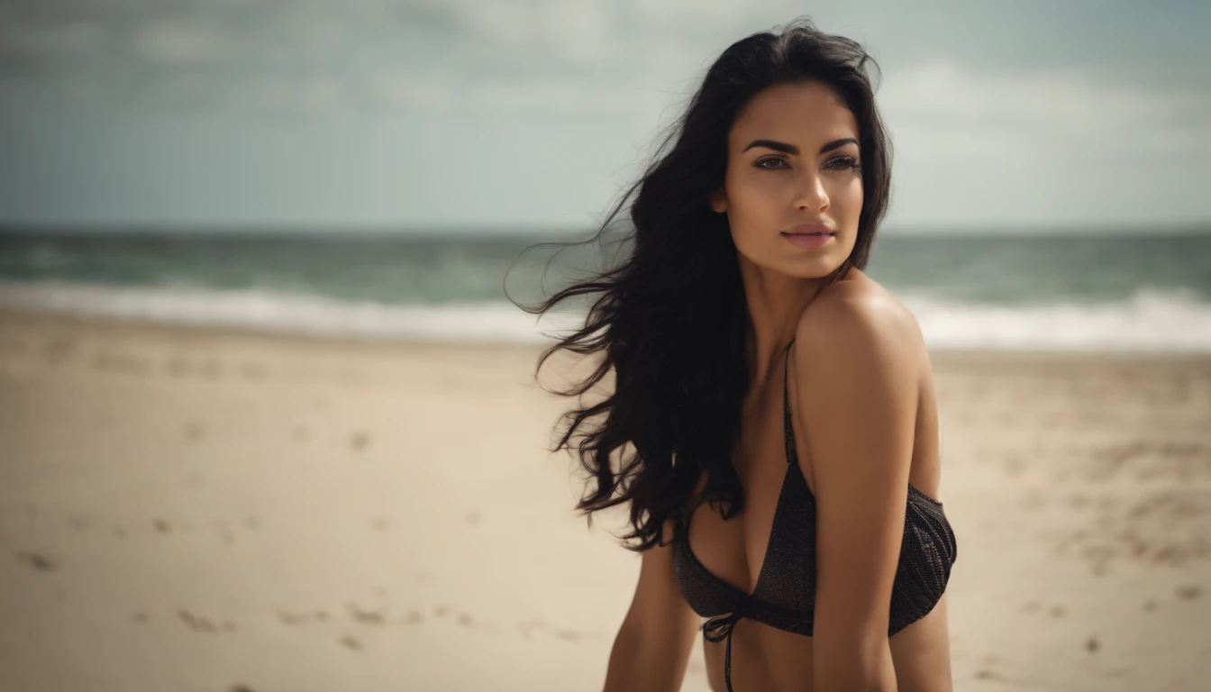 cute and sexy Hispanic girl at the beach, black hair, hair in the wind, visible jawline, posing in a bikini