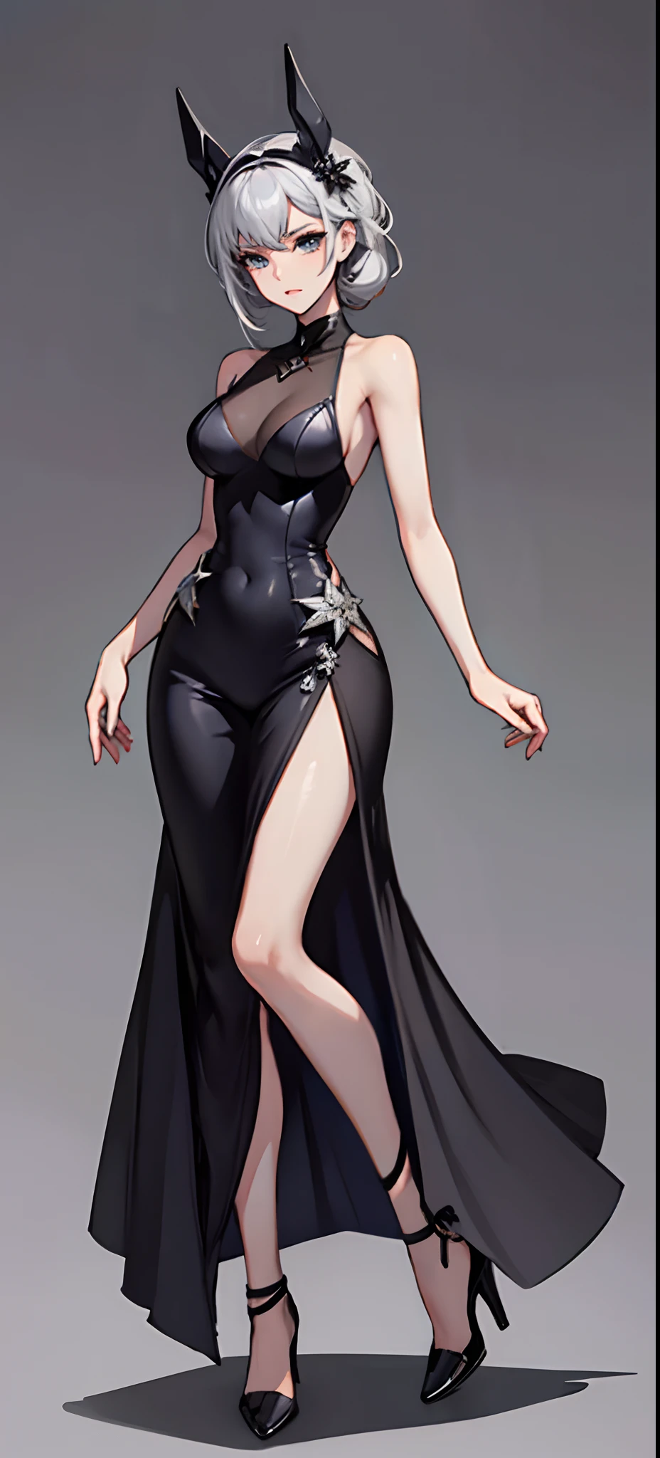 Beauty all over the body,Modern evening dress,leotard skirt,Stand head-on,high-heels,greybackground