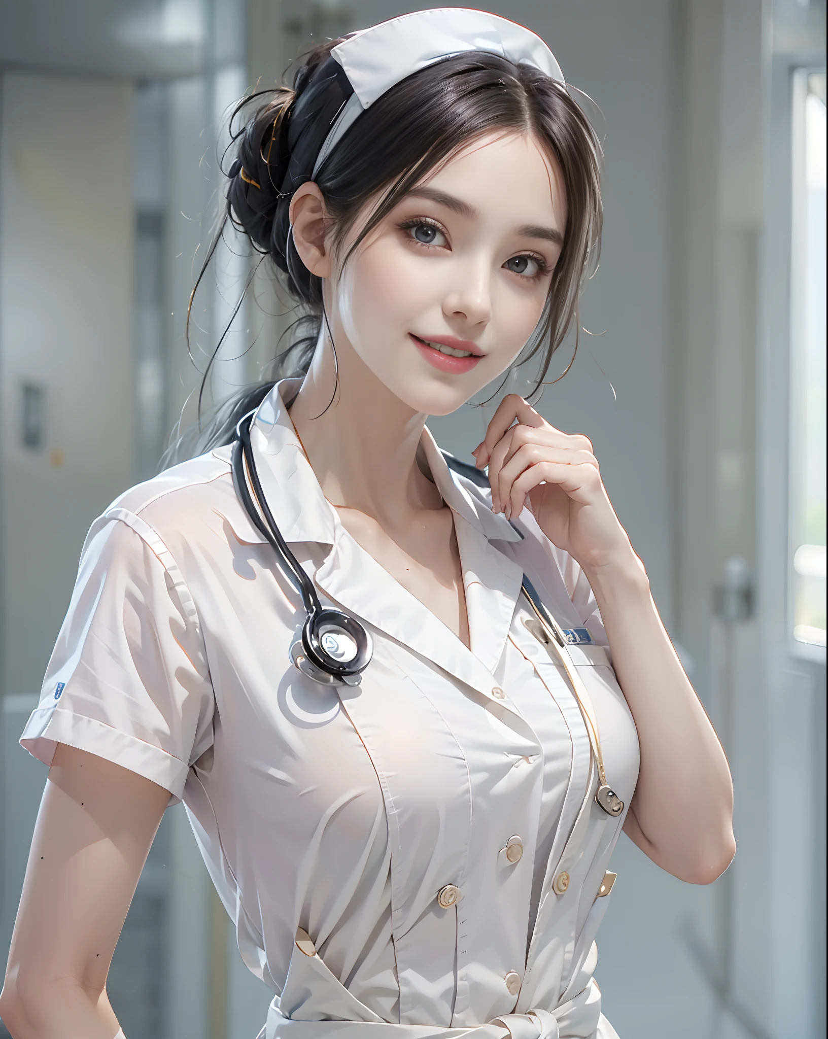 masutepiece、hight resolution、Nurse、30-year-old girl、１Girl Nurse、Looking at the camera、smil、Finish as shown in the photo、the skin is white and beautiful、Hair is long and beautiful、inner colored、Hair should be tied back、A slender、short-cut、Paws are thin and beautiful、