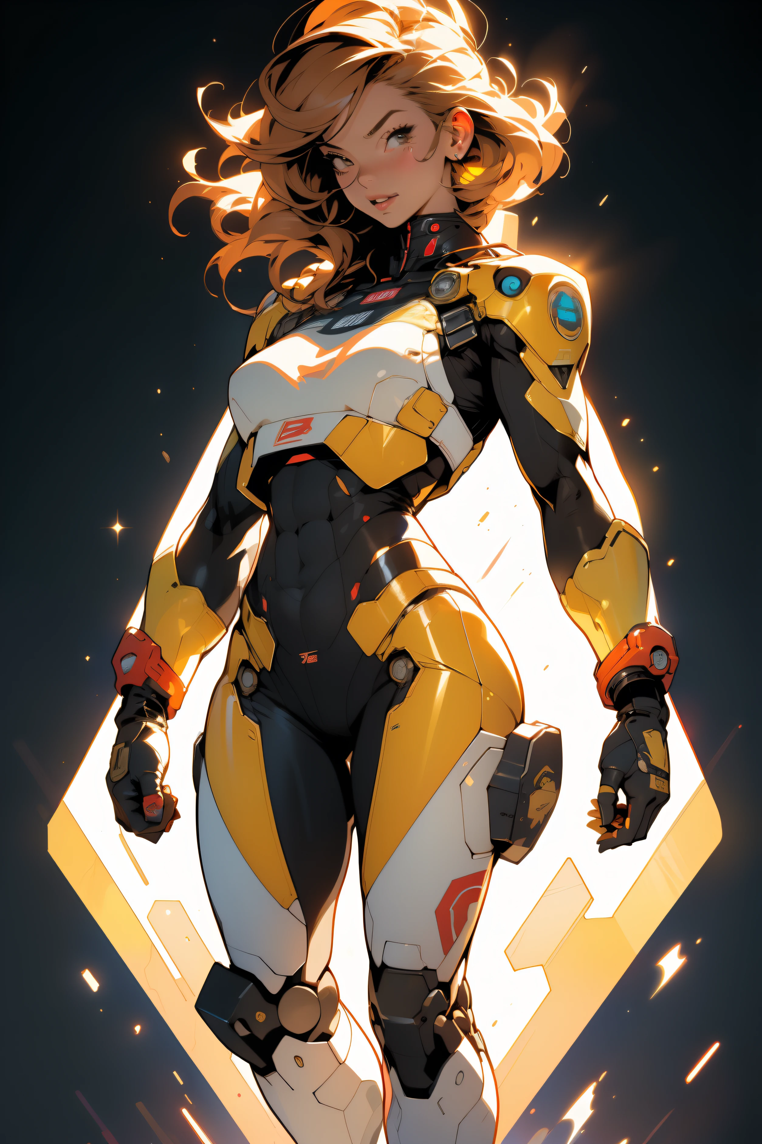 ((Best quality)), ((masterpiece)), (detailed: 1.4), (Absurd), (((full body)), (((woman))), 35-year-old woman, Beautiful muscular woman, giant robot pilot, wild with perfect body, wearing little clothing, tiny thong, clothing with Japanese graphic patterns, halftone pattern and vertical stripes, yellow gold, coming out of the body of a giant robot