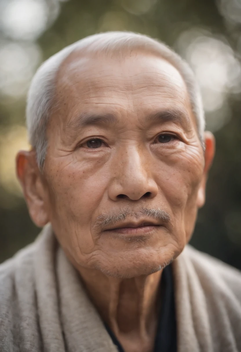 Real person Chinese old man photo,The light and shadow in the photo are perfect, and the lens flare added a nice touch.He doesn't have too many wrinkles on his face, And the score of this photo is definitely greater than 10. The background is a solid color and this is a stunning photo