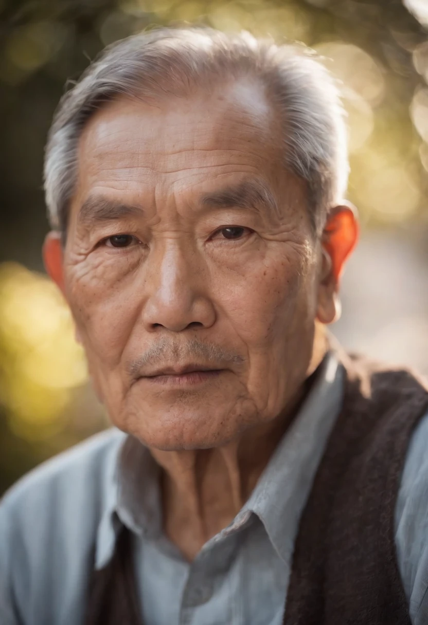 Real person Chinese old man photo,The light and shadow in the photo are perfect, and the lens flare added a nice touch.He doesn't have too many wrinkles on his face, And the score of this photo is definitely greater than 10. The background is a solid color and this is a stunning photo