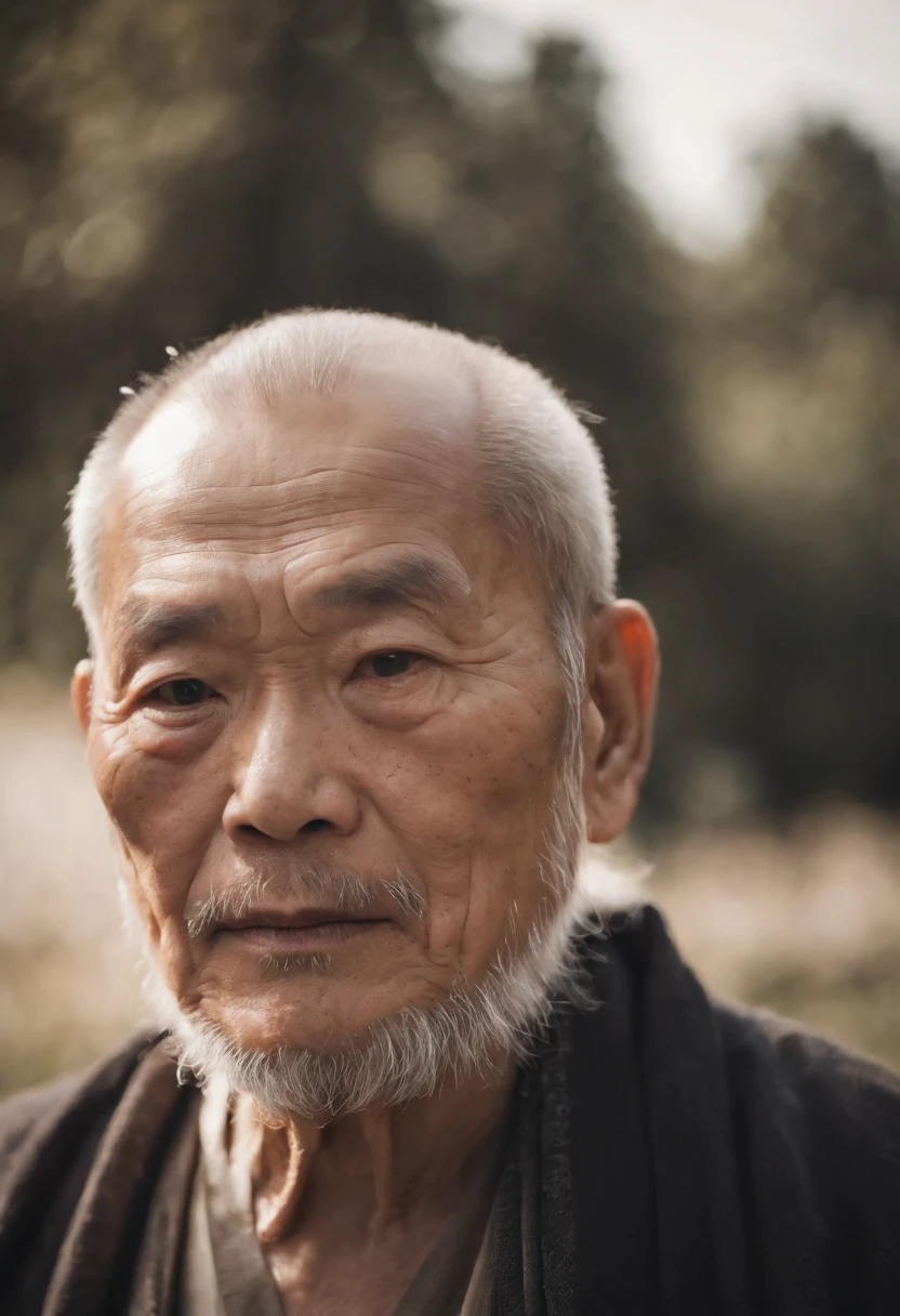 Real person Chinese old man photo,The light and shadow in the photo are perfect, and the lens flare added a nice touch.He doesn't have too many wrinkles on his face, And the score of this photo is definitely greater than 10. The background is a solid color and this is a stunning photo