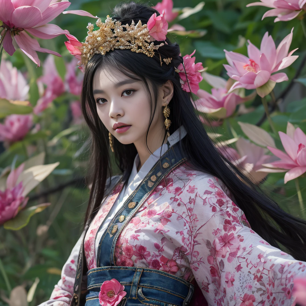 Gold backstop 32K(tmasterpiece,k hd,hyper HD,32K)Long flowing black hair,ponds,zydink, a color, Aozhou people (Concubine girl), (Purple silk scarf), Combat posture, looking at the ground, long whitr hair, Floating hair, Carp pattern headdress, Chinese long-sleeved clothing, (Abstract gouache splash:1.2), Pink petal background,Pink and white lotus flowers fly(realisticlying:1.4),Black color hair,Fallen leaves flutter,The background is pure, A high resolution, the detail, RAW photogr, Sharp Re, Nikon D850 Film Stock Photo by Jefferies Lee 4 Kodak Portra 400 Camera F1.6 shots, Rich colors, ultra-realistic vivid textures, Dramatic lighting, Unreal Engine Art Station Trend, cinestir 800,Long flowing black hair,Denim skirt