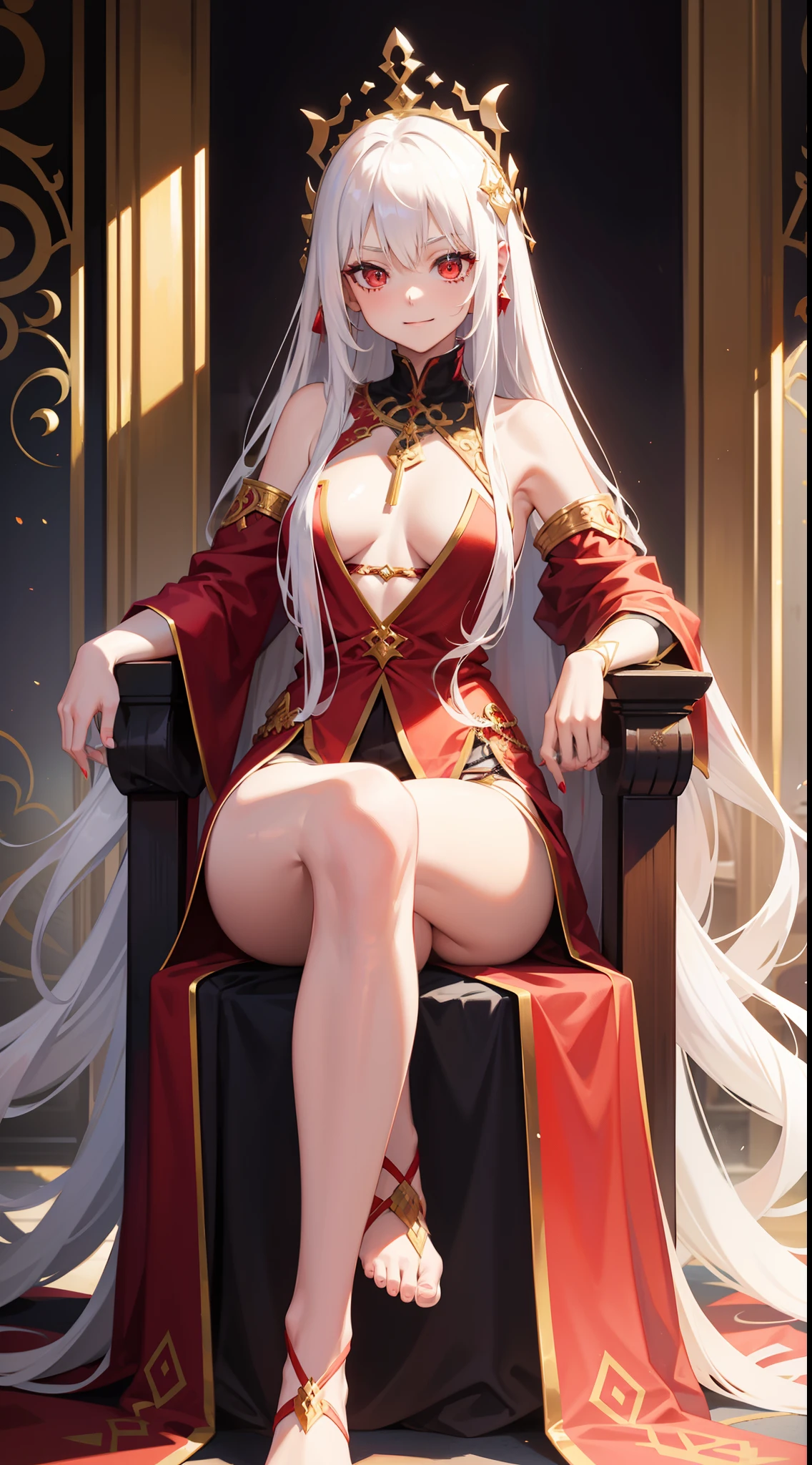 young girl, Long white hair, red eyes, Red Futhark Tattoo, smirk, princess dress, small breasts, open breasts, Wide neckline, sitting on the throne, legs crossed, Masterpiece, hiquality, higly detailed, HD, 4k