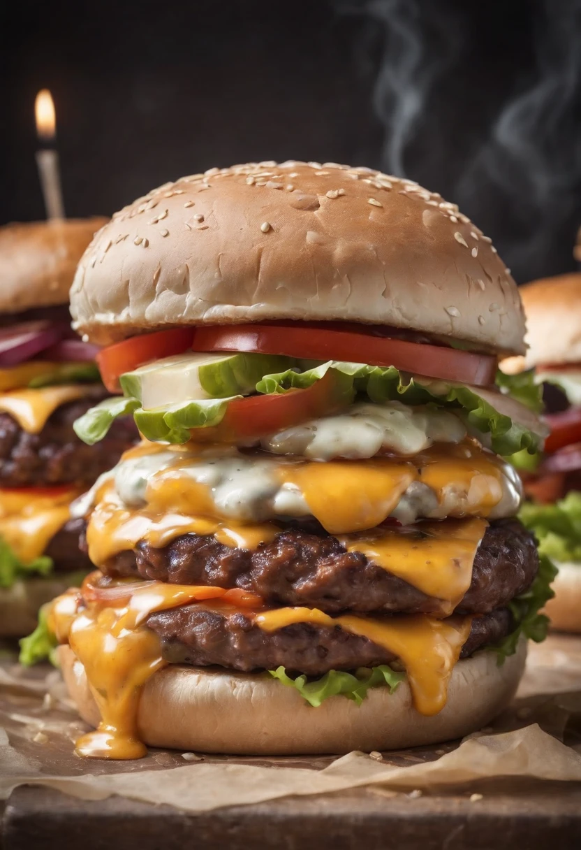 A burger falling in pieces juicy, tasty, hot, promotional photo, intricate details, hdr, cinematic, adobe lightroom, highly detailed