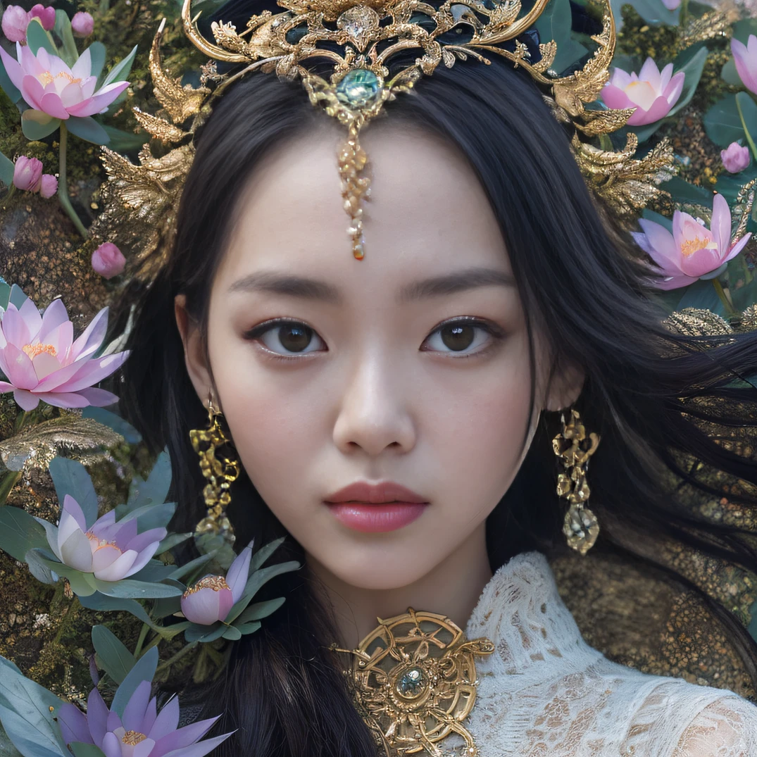 Gold backstop 32K(tmasterpiece,k hd,hyper HD,32K)Long flowing black hair,ponds,zydink, a color, Aozhou people (Concubine girl), (Purple silk scarf), Combat posture, looking at the ground, long whitr hair, Floating hair, Carp pattern headdress, Chinese long-sleeved clothing, (Abstract gouache splash:1.2), Pink petal background,Pink and white lotus flowers fly(realisticlying:1.4),Black color hair,Fallen leaves flutter,The background is pure, A high resolution, the detail, RAW photogr, Sharp Re, Nikon D850 Film Stock Photo by Jefferies Lee 4 Kodak Portra 400 Camera F1.6 shots, Rich colors, ultra-realistic vivid textures, Dramatic lighting, Unreal Engine Art Station Trend, cinestir 800,Long flowing black hair,Denim skirt