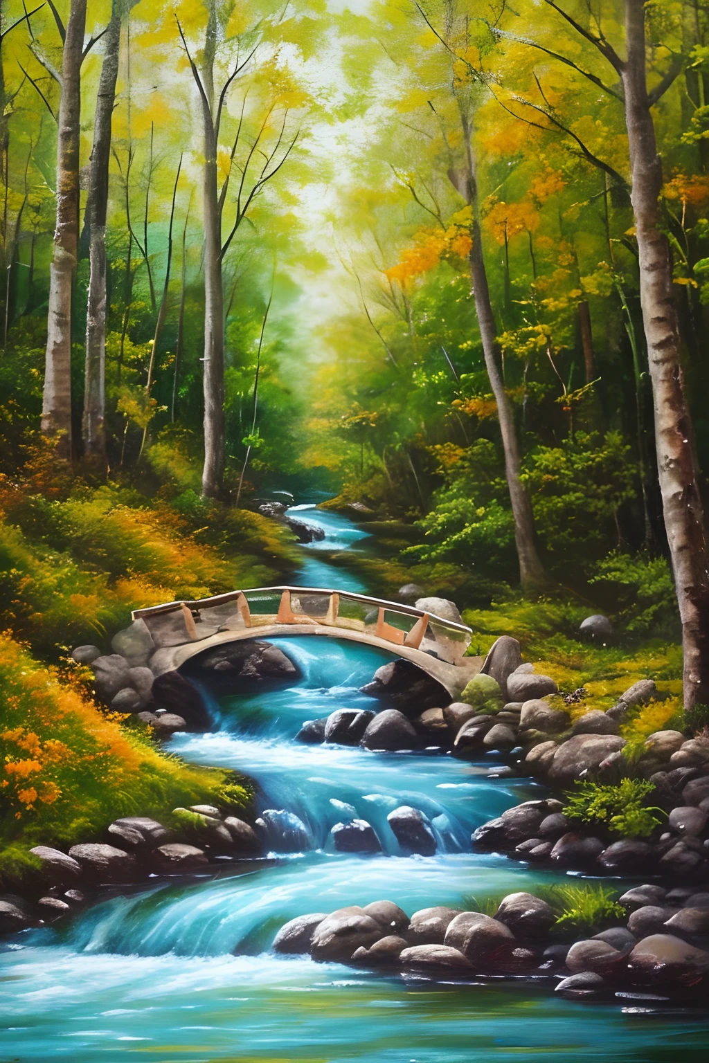Painting a small bridge by a stream, background woods, realistic replies, whimsical art, oil painting style, ultra high definition,