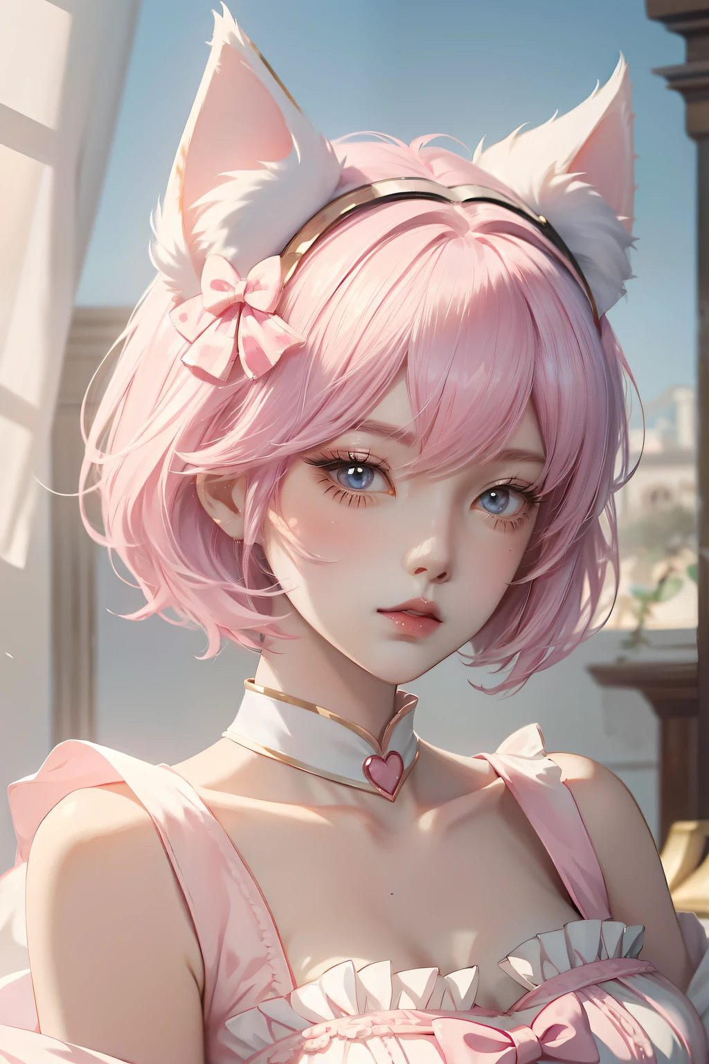 Anime girl pink short hair white bow, , Beautiful character painting, , Stunning anime face portrait handsome royal sister cat ears