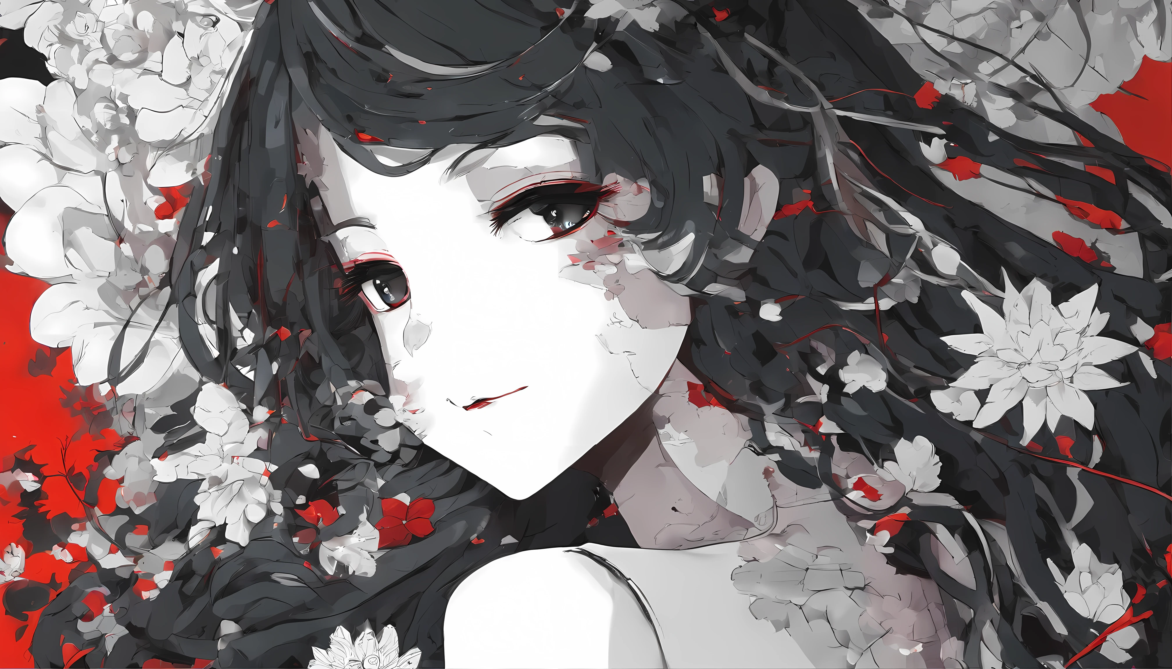 mulher de anime preto e branco com efeitos vermelhos em um cenario gotico de terror, sorrindo, rindo de psicopata, mulher psicopata, mulher estranha, good composition, cena de terror, efeitos eletricos vermelhos, 4k