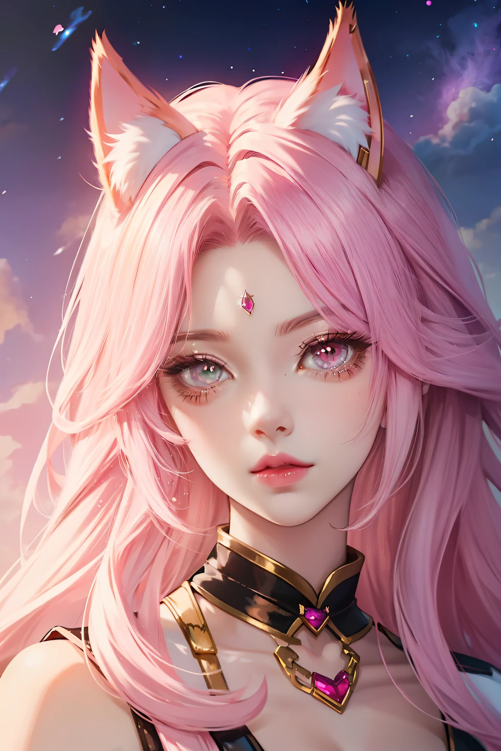 Anime girl pink hair , Beautiful character painting, , Stunning anime face portrait with cat ears, amber eyes, beautiful princess