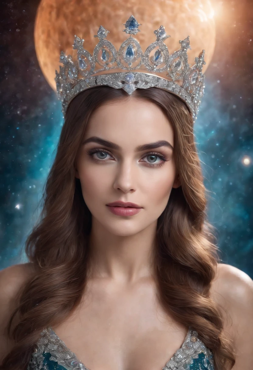 Uma bela rainha com uma coroa de diamantes, de frente, Hypnotic eyes. cabelos ruivos, outerspace backgroud with planets
