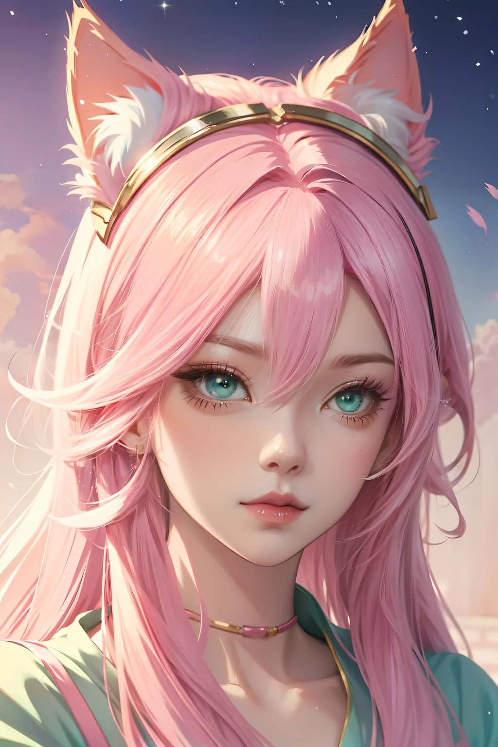 Anime girl pink hair , Beautiful character painting, , Stunning anime face portrait with cat ears, Green eyes, uma linda princesa