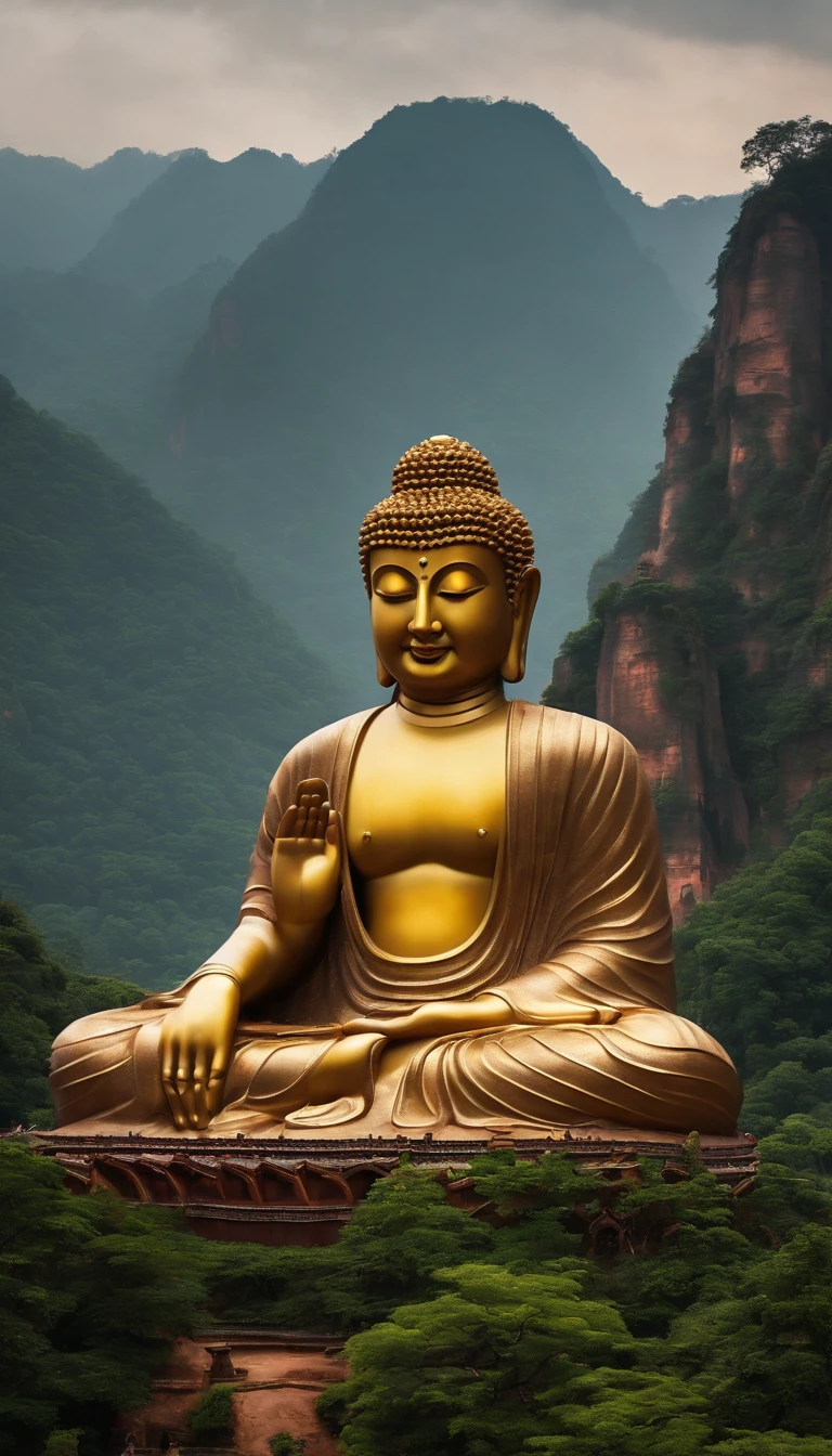 (The quasi-Buddha is integrated with the mountain),humongous large breast,Leshan Buddha,Be with nature,surrealism, High detail, hyper photorealism, stereograms, Cinematic lighting, god light, hyper HD, Masterpiece, Textured skin, Best quality, A high resolution