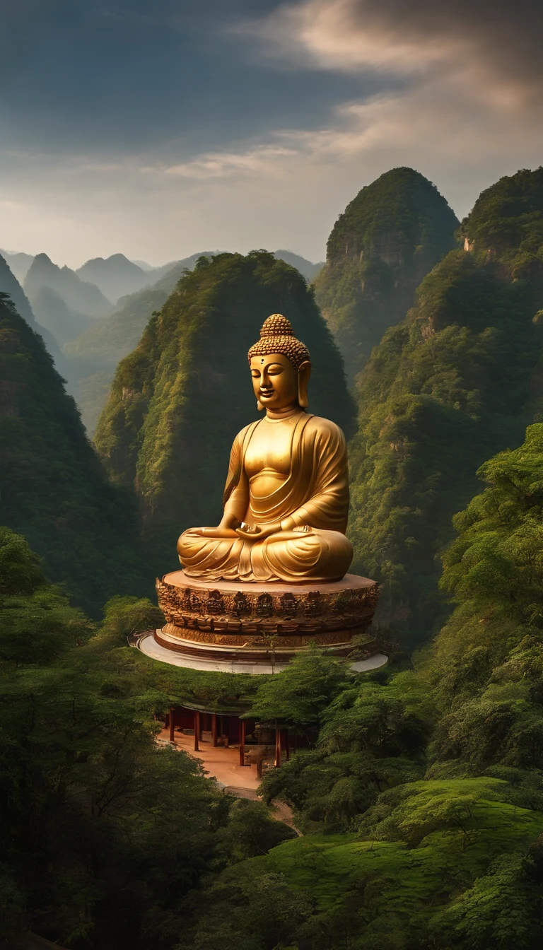 buddha statue sitting on a rock overlooking a mountain valley, an ultrafine detailed painting inspired by Christophe Vacher, zbrush central contest winner, digital art, marc adamus, buddhism, the buddha, buddha, buddhist, hildebrandt, meditation, monk meditate, meditating, kerem beyit, sakimi, peaceful expression, zen méditation cyberpunk. Buddha sitting high on top of cave mountain