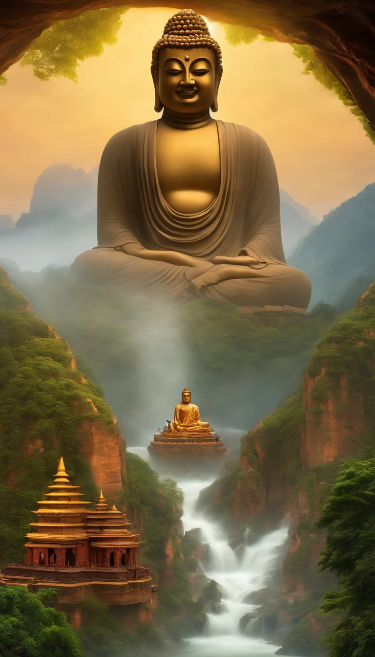 ( perfect anatomy ) A huge Buddha statue,Inlaid in the cliff cave with majesty, Low angle view from below. Movie atmosphere lighting. Retro style stone statue. Extremely detailed. Majestic Buddha statue. Low angle view. Art trend. Intricate patterns and textures.、Attention to detail. Highly detailed structural digital art., high detail, High quality digital art animation style