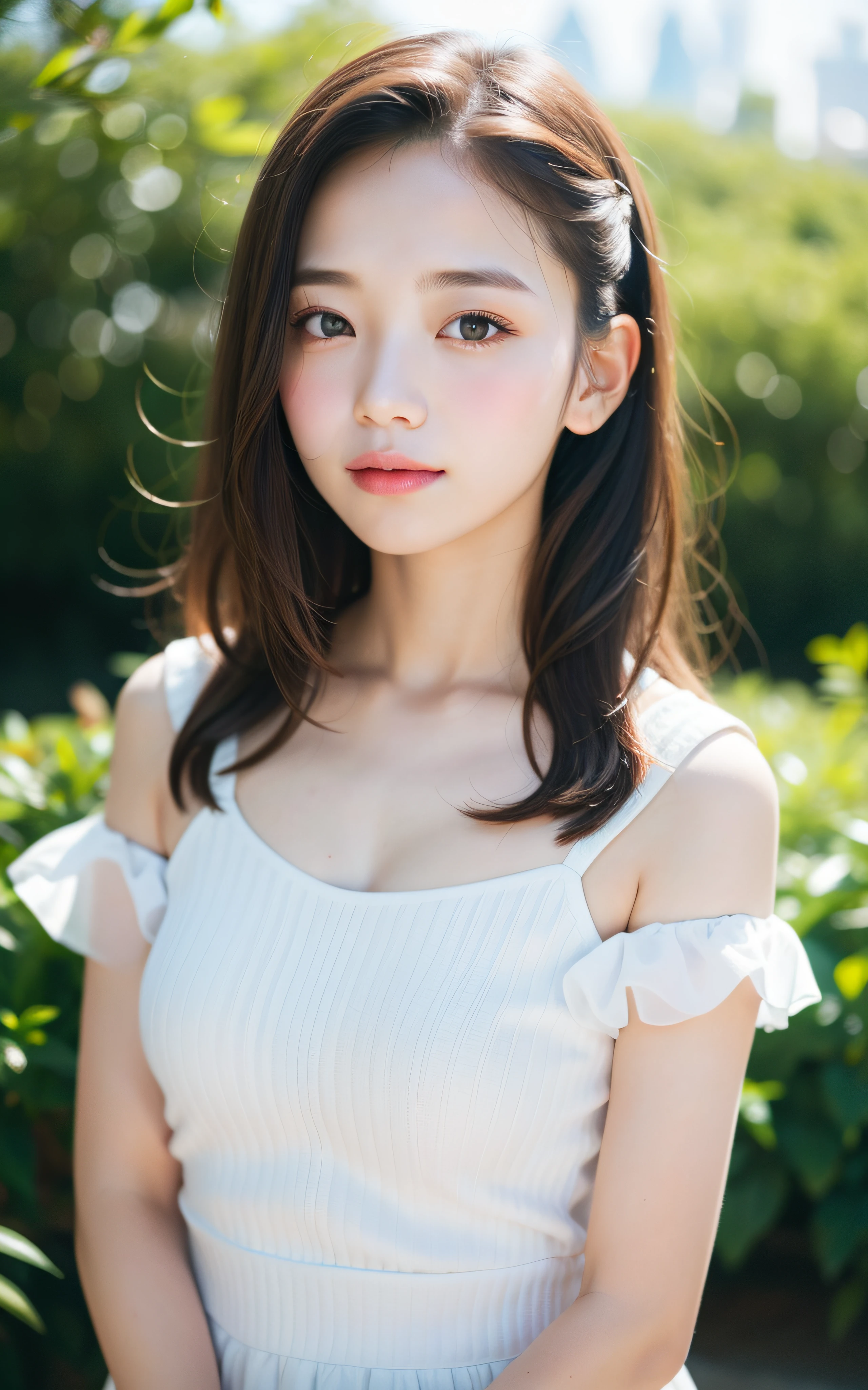 masterpiece, Best Quality, 8K, 1girl in, Raw photo, Professional Photography, Portrait, Soft light, Professional Lighting, Smile, Cute, Girly, Delicate girl, Neat and clean beauty, Looking away, Sophisticated, Film grain, (Eyes and faces with detailed:1.0), extreme close - up