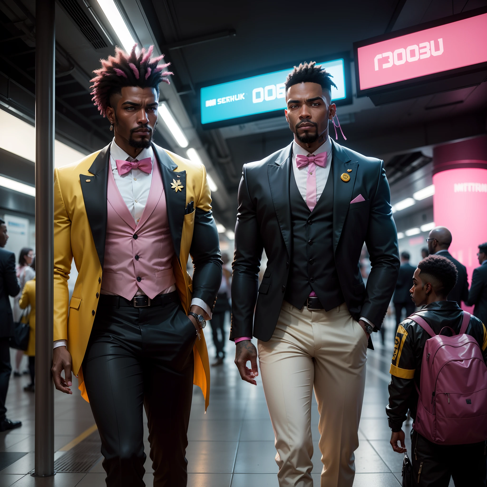 I'd like a cyberpunk style image in 4k average photo of three black characters ,40 anos de idade,,africano, forte, musculoso, de pele negra ,barba grande,barba, Estiloso Barbon,com cabelo punk estilo anos 80 na cor amarelo e cinza escuro,muito eLegante,, futurista e estiloso neon , com uma tatuagem super colorida e com neon ,Toattoo, facing a metro station on the platform , with station lights failing in a dimly lit environment, standing dressed in a dark yellow suit with a pink bow tie and baggy shirt.