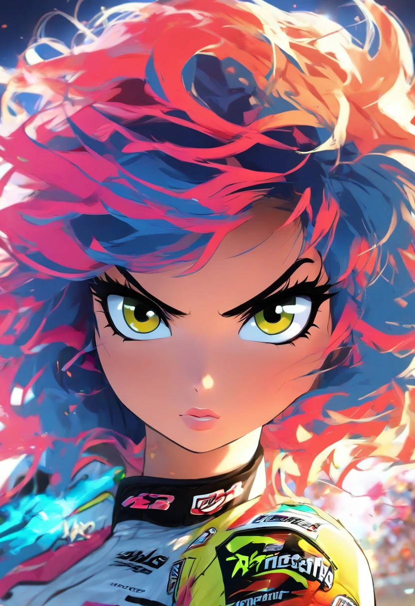A garota mais bonita e sexy nascar, cabelos pretos, olhos azuis, Usando equipamentos altamente detalhados da NASCAR, tatuagens e piercings, NASCAR Speedway, Obra-prima perfeita, alta qualidade, high resolution