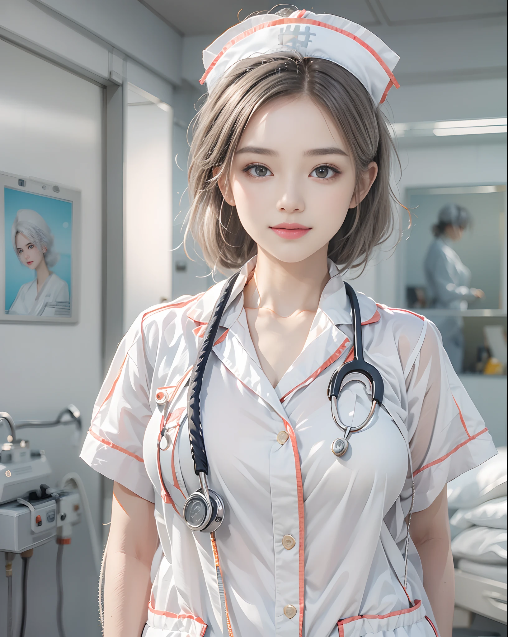 masutepiece、hight resolution、Nurse、30-year-old girl、Looking at the camera、smil、Finish as shown in the photo、the skin is white and beautiful、inner colored、Hair should be tied back、The background is a hospital room、Beautiful standing figure、