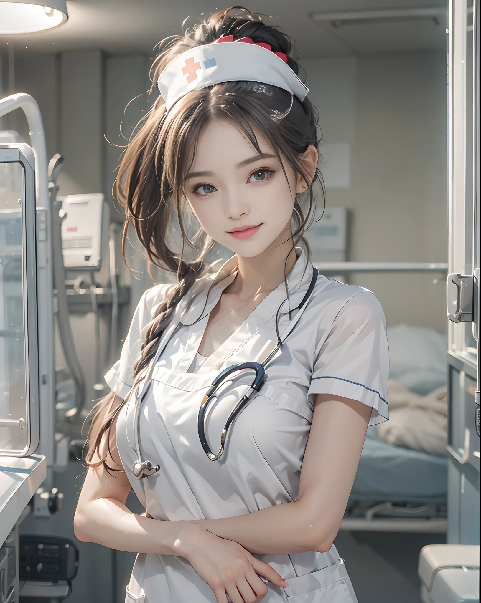 masutepiece、hight resolution、Nurse、30-year-old girl、Looking at the camera、smil、Finish as shown in the photo、the skin is white and beautiful、inner colored、Hair should be tied back、The background is a hospital room、Beautiful standing figure、