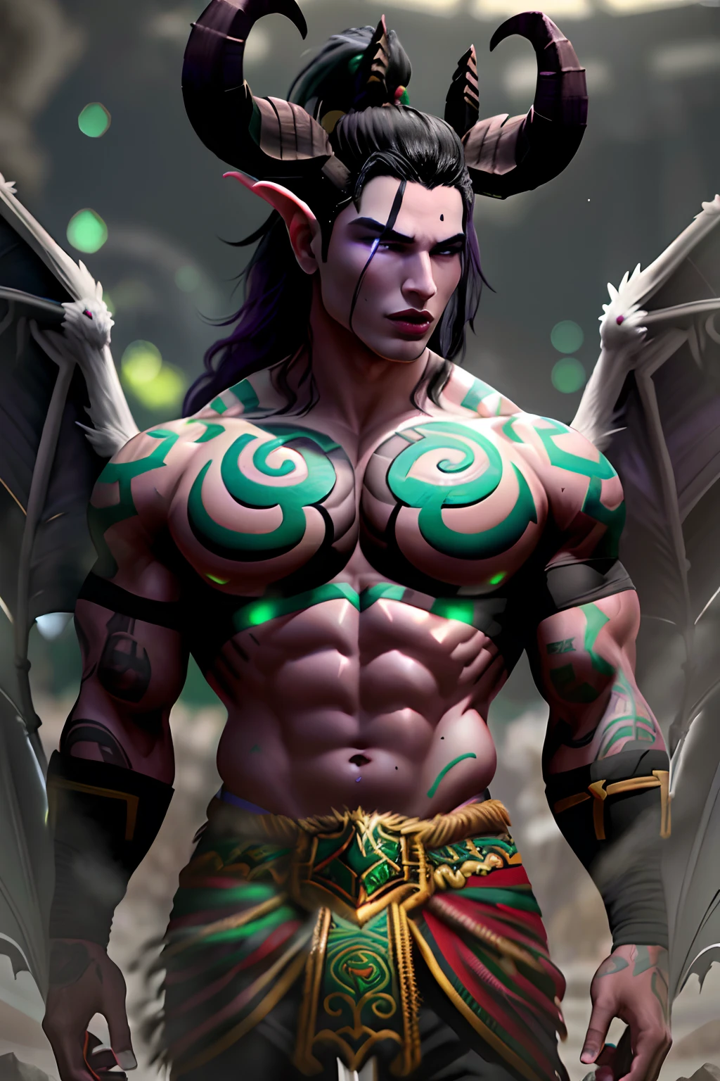 Un primer plano de un joven con cabello morado oscuro muy largo, ojos verdes, par de alas de demonio saliendo de su espalda ,una captura de pantalla inspirada en Kieran Yanner, Tendencias en polycount, Vanitas, carnoso, wearing a black mudguard, where you can see a large bulge, Cara altamente detallada, carnoso, Textura de pintura a mano, Artefacto JPEG pesado borroso, retrato de Illidari, par de cuernos de bestia saliendo de su frente, ojos brillantes, luna, cielo estrellado, atletic, muscular, volumetric illumination, mejor calidad, obra maestra, realista,