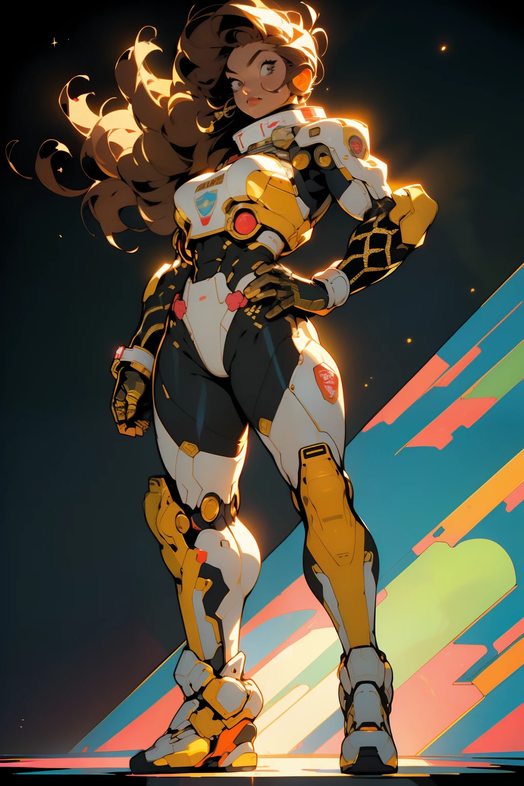 ((Best quality)), ((masterpiece)), (detailed: 1.4), (Absurd), (((full body)), (((woman))), 35-year-old woman, Beautiful muscular woman, giant robot pilot, wild with perfect fit body, wearing little clothing, tiny thong, clothing with Japanese graphic patterns, halftone pattern and vertical stripes, yellow gold, coming out of the body of a giant robot