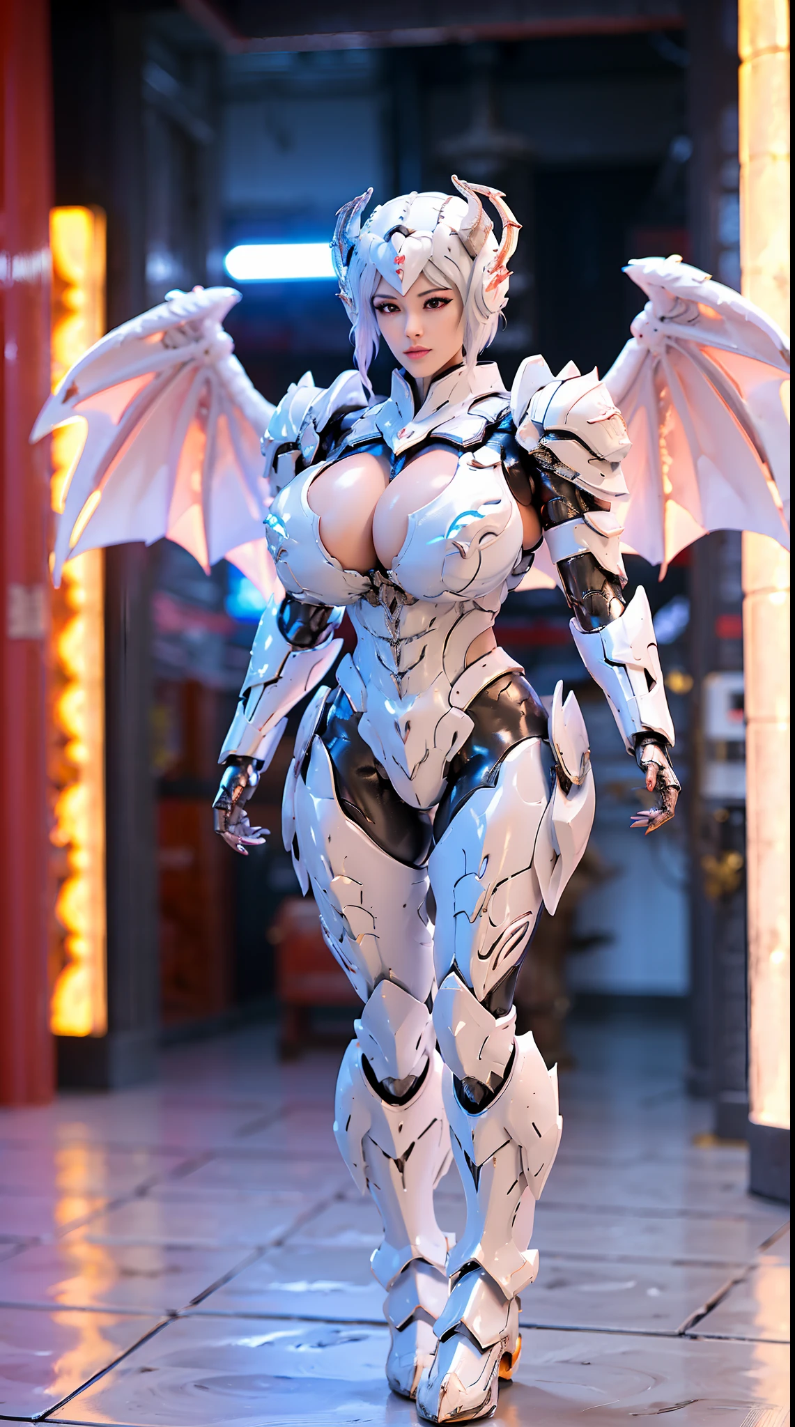 SILVER DRAGON GOD, HUGE BOOBS, BATTLE ARMOR SUIT, CLEAVAGE, (A PAIR OF HUGE DRAGON WINGS:1.2), TRANSPARANT, TALL LEGS, STANDING, SEXY BODY, MUSCLE ABS.