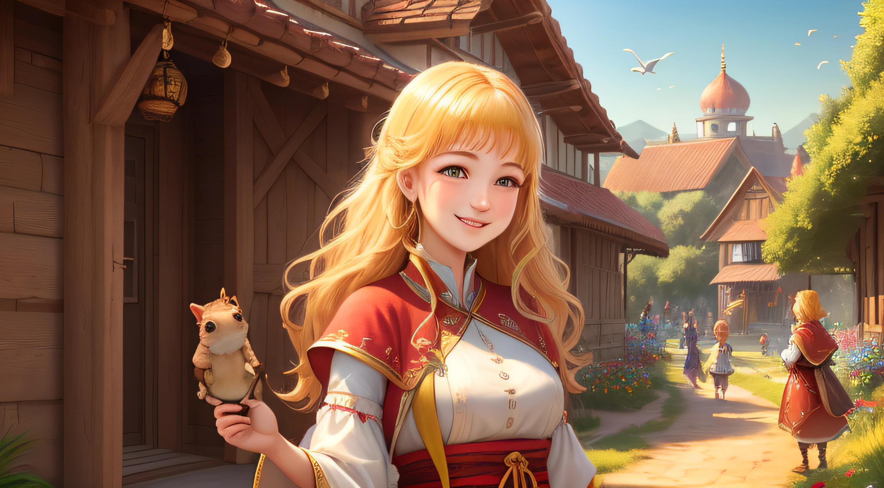 best quality,8k,ultra-detailed,realistic,landscape,happy villagers,children playing,golden sunlight,Lumina kingdom,celebrating,fields,joyful atmosphere,vibrant colors,clear sky,endless horizon,peaceful nature,harmonious composition,rich texture,vivid flowers,fresh grass,happy faces,detailed costumes,traditional houses,colorful balloons,festive decorations,lively atmosphere,warmth,serene happiness. Princess Lila golden hair 18 years old, in the foreground, smiling warmly at the squirrel, frog, and bird, with the vast kingdom of Lumina in the background
