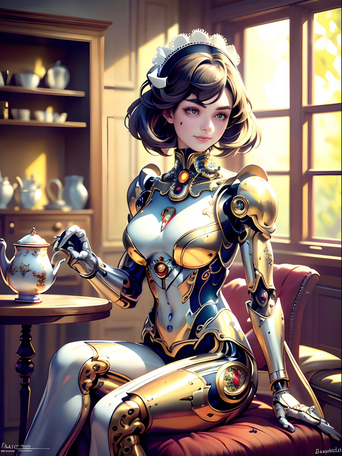 ((maid mecha girl, Mechanica, bodysuit reelmech, white maid oufit)), robotic, mecha, mechanical arm, victorian era,intricate lace dress,ornate jewelry,detailed facial expression,mechanical parts blending seamlessly,antique furniture,grandmotherly affection,delicate tea set,soft afternoon sunlight,enchanting floral wallpaper,exquisite embroidery on cushions,antique clock chiming softly,elaborate chandelier,aged mahogany wood accents,vivid colors,crimson velvet curtains,gentle smile,playful interaction,meticulously crafted porcelain dolls,delightful laughter,refined tea ceremony,graceful movements,elegant tea cups and saucers,majestic oil paintings,nostalgic ambiance,impeccable manners,era of elegance and sophistication,mix of tradition and futurism,sparkling silver teapot,majestic garden view,authentic accents and details,perfectly polished silverware,sparkling crystal glasses,classic literature on bookshelves.

(best quality,4k,8k,highres,masterpiece:1.2),ultra-detailed,(realistic,photorealistic,photo-realistic:1.37),HDR,UHD,studio lighting,vintage aesthetics,artistic masterpiece,meticulous attention to detail,impressionistic brushstrokes,fine art photography.