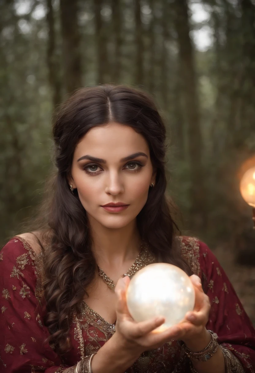 A beautiful gypsy with a crystal ball in her hands, de frente, Hypnotic eyes. com muitas joias e ouro. outerspace background