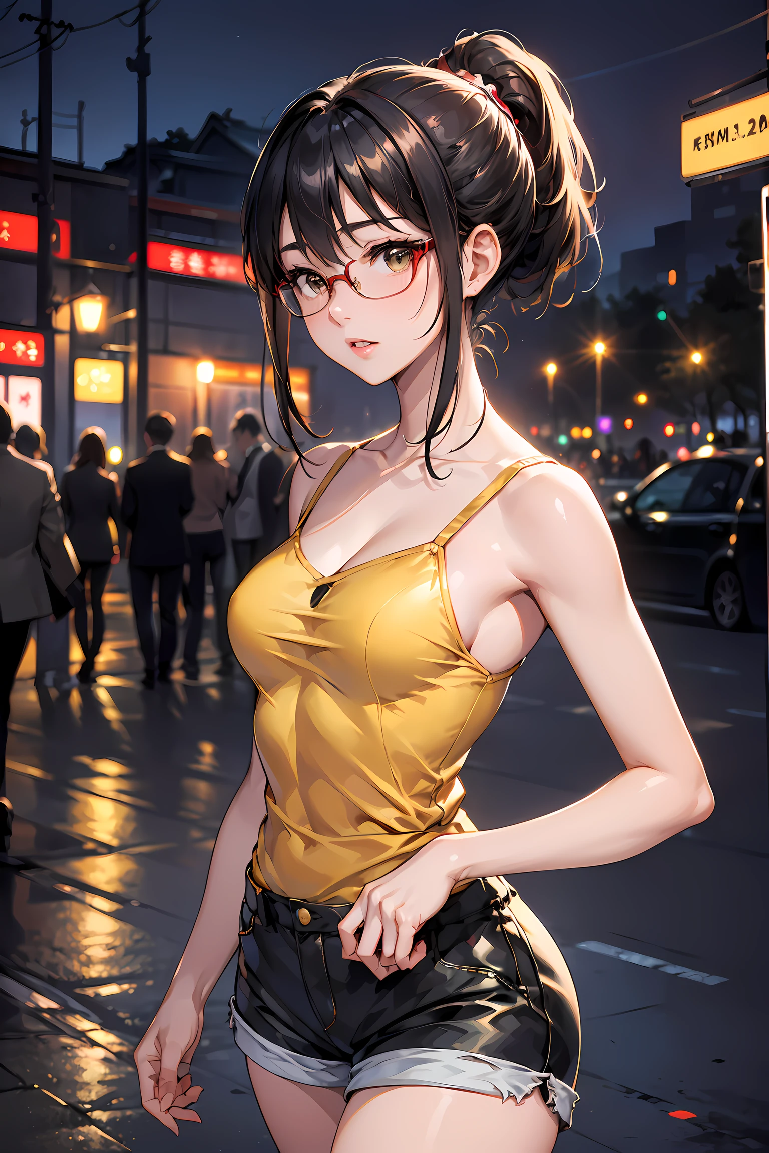 (1glasses girl:1.3, solo), (Audrey Hepburn:1.3), (a extremely pretty and beautiful Japanese woman), (sexy girl), (professional attire:1.3), (22 years old: 1.1), (walking on red carpet:1.3), (attractive random posing:1.3), (in the night royal party:1.3), (looking straight at you:1.3), (starring at you:1.3), (front view:1.3), break, (ponytail:1.3), (shiny-black thin hair:1.2), bangs, dark brown eyes, beautiful eyes, princess eyes, (big eyes:1.3), bangs, wearing a glasses:1.3, Hair between eyes, short hair:1.3, (slender:1.1), (small-medium-breasts:0.95), (thin waist: 1.15), (detailed beautiful girl: 1.4), Parted lips, Red lips, full-make-up face, (shiny skin), ((Perfect Female Body)), (upper body image:1.3), Perfect Anatomy, Perfect Proportions, (most beautiful Korean actress face:1.3, extremely cute and beautiful Japanese actress face:1.3), BREAK, (View viewer, wearing a bitch outfit, (insanely detailed yellow camisole:1.3), (shorts:1.3), (pin-heels:1.3), detailed clothes, BREAK, (detailed royal night party background:1.2), (dark background), (Studio soft lighting: 1.3), (fake lights: 1.3), (backlight: 1.3), BREAK, (Realistic, Photorealistic: 1.37), (Masterpiece, Best Quality: 1.2), (Ultra High Resolution: 1.2), (RAW Photo: 1.2), (Sharp Focus: 1.3), (Face Focus: 1.2), (Ultra Detailed CG Unified 8k Wallpaper: 1.2), (Beautiful Skin: 1.2), (pale Skin: 1.3), (Hyper Sharp Focus: 1.5), (Ultra Sharp Focus: 1.5), (Beautiful pretty face: 1.3), (super detailed background, detail background: 1.3), Ultra Realistic Photo, Hyper Sharp Image, Hyper Detail Image,