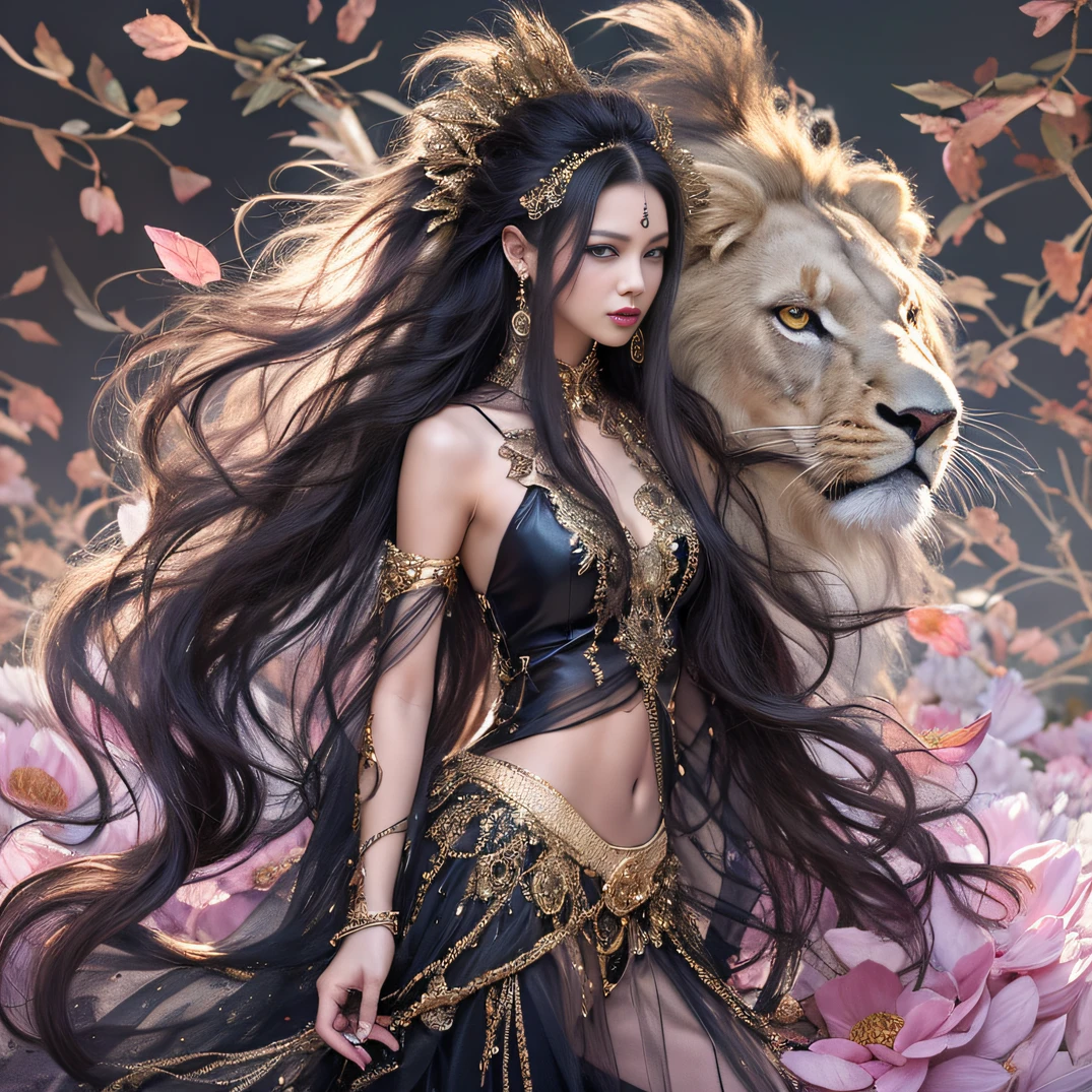 Gold lion tailgate 32K（tmasterpiece，k hd，hyper HD，32K）Long flowing black hair，ponds，zydink， a color， Aozhou people （Lion Girl）， （Purple silk scarf）， Combat posture， looking at the ground， long whitr hair， Floating hair， Lion pattern headdress， Chinese long-sleeved clothing， （Abstract gouache splash：1.2）， Pink petal background，Pink and white lotus flowers fly（realisticlying：1.4），Black color hair，Fallen leaves flutter，The background is pure， A high resolution， the detail， RAW photogr， Sharp Re， Nikon D850 Film Stock Photo by Jefferies Lee 4 Kodak Portra 400 Camera F1.6 shots, Rich colors, ultra-realistic vivid textures, Dramatic lighting, Unreal Engine Art Station Trend, cinestir 800，Long flowing black hair，Cowboy Awakening Lion