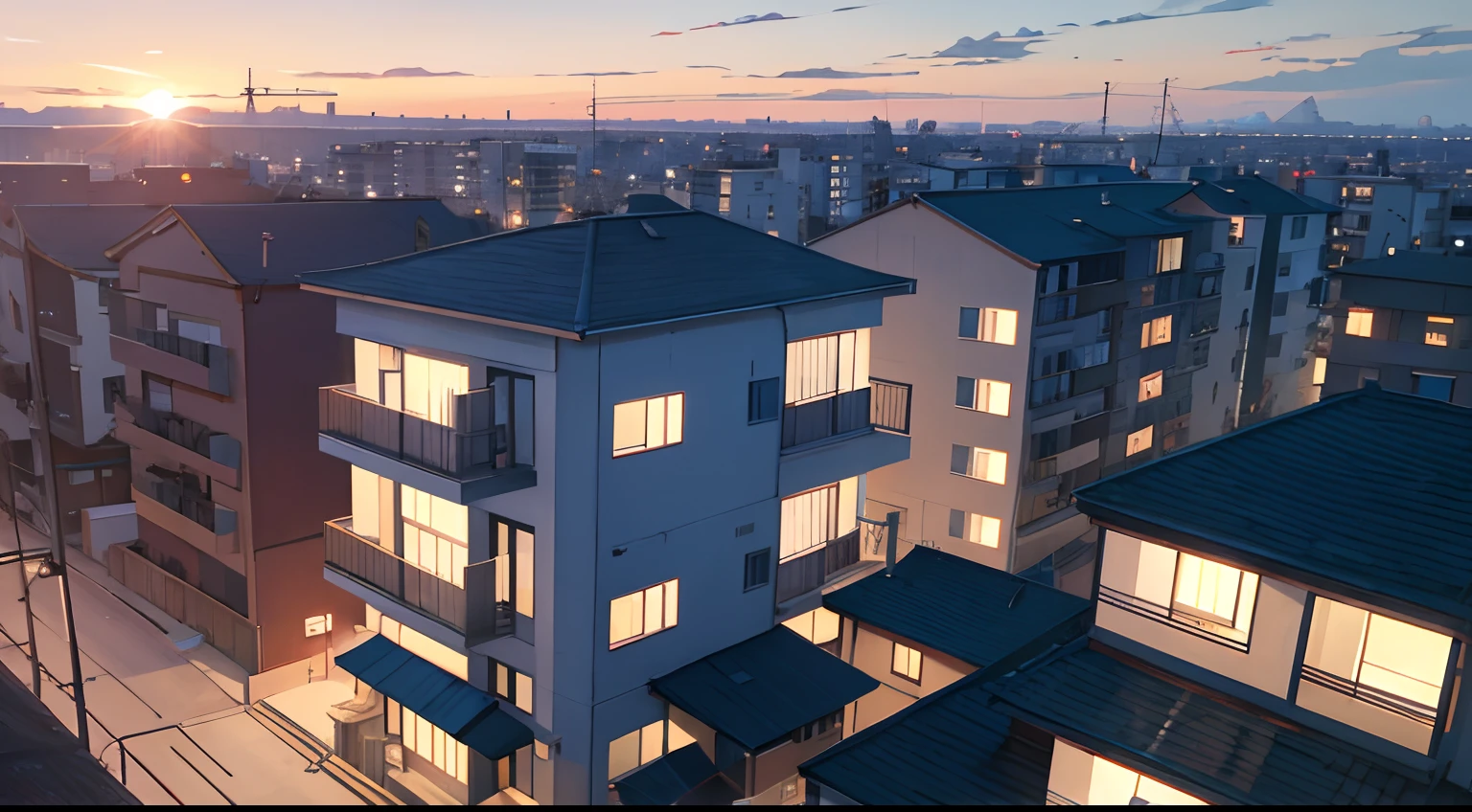 anime style apartment, 2 floors, early in the morning, sunrise, city, birds flying, drone shot, from above, full shot, kiritos house, white building, anime style, full house shot