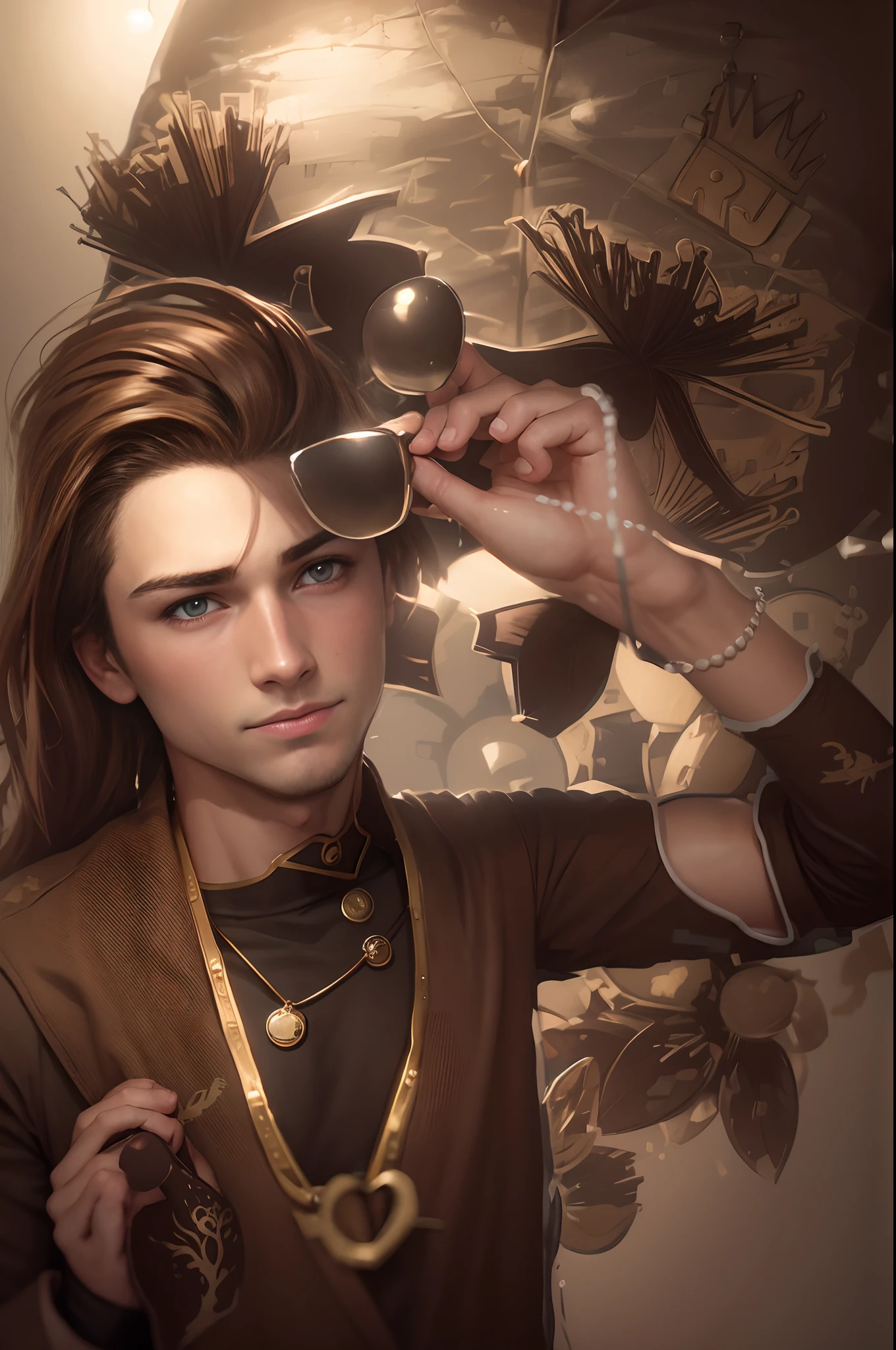 Realistic, handsome boy,brown hair,love locket,loveable backgrownd