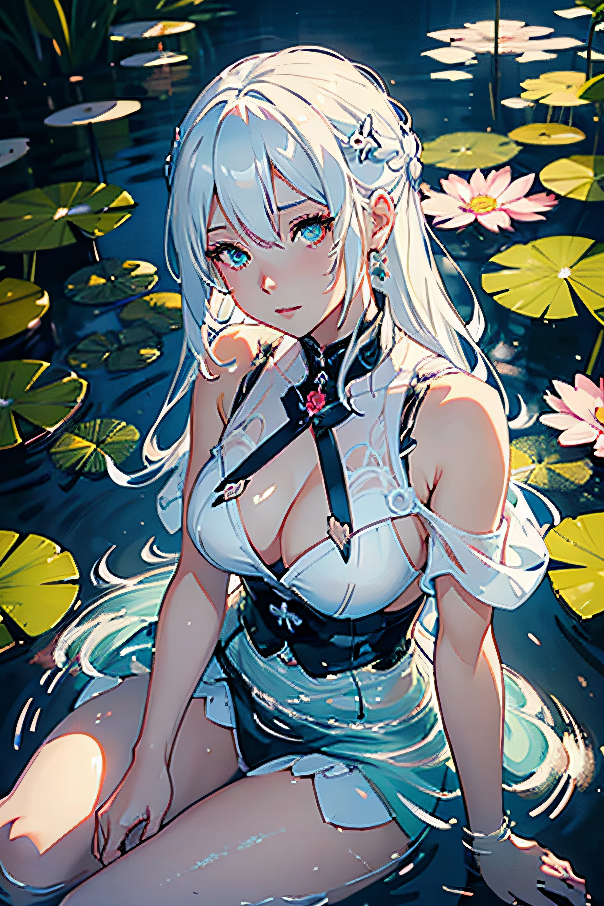 a close up of a woman sitting in a body of water, :: rossdraws, rossdraws 1. 0, rossdraws 2. 5, digital anime art, rossdraws sakimimichan, white haired deity, digital anime illustration, digital art on pixiv, perfect white haired girl, artwork in the style of guweiz, pixiv, in a pond