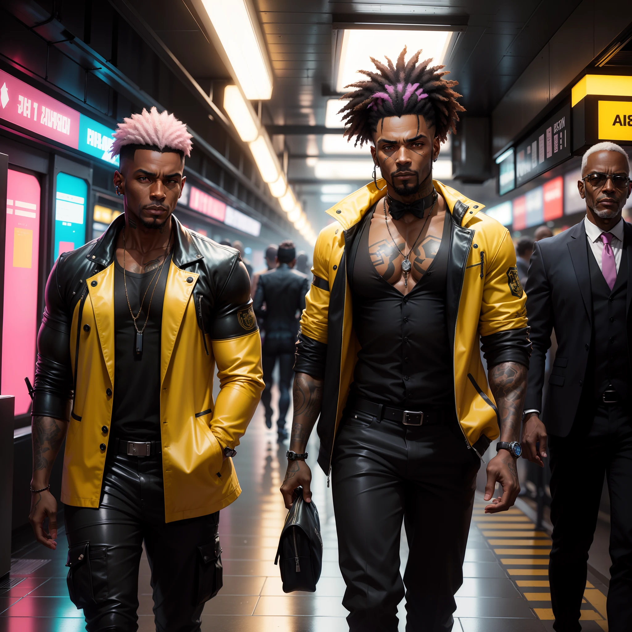 I'd like a cyberpunk style image in 4k average photo of three black characters ,40 anos de idade, africano, forte, musculoso, de pele negra ,com cabelo punk estilo anos 80 na cor amarelo e cinza escuro,muito eLegante,, futurista e estiloso neon , com uma tatuagem super colorida e com neon ,Toattoo, facing a metro station on the platform , with station lights failing in a dimly lit environment, standing dressed in a dark yellow suit with a pink bow tie and baggy shirt.