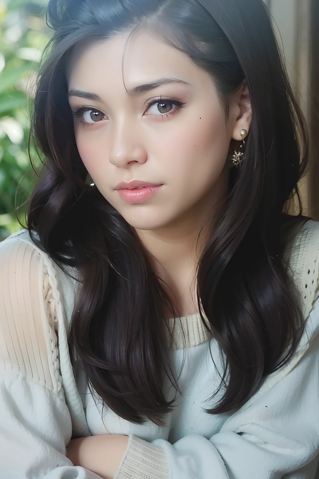 1girl, earrings, solo, jewelry, long_hair, lips, realistic, brown_eyes