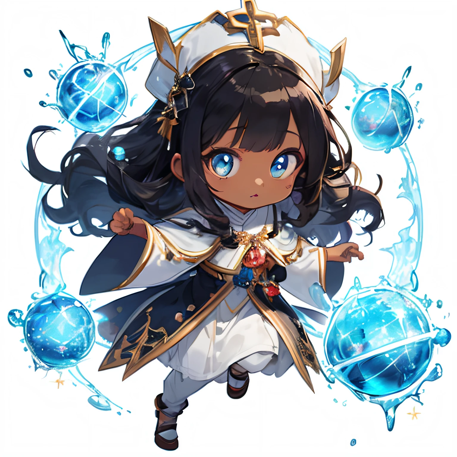 Best Quality,ultra-detailliert,1girl in,Chibi,Game Character,((Full body, White background, solidbackground)), Dynamic Angle, Dynamic Pose,kawaii,Beautiful,high priestess, Beauty,shiny wavy hair,Black hair, ((Brown skin)), priest's clothes, divine aura, Ancient magic, sage, leadership,Detailed face, Beautiful detailed eyes, Glowing pupil eyes,White background,