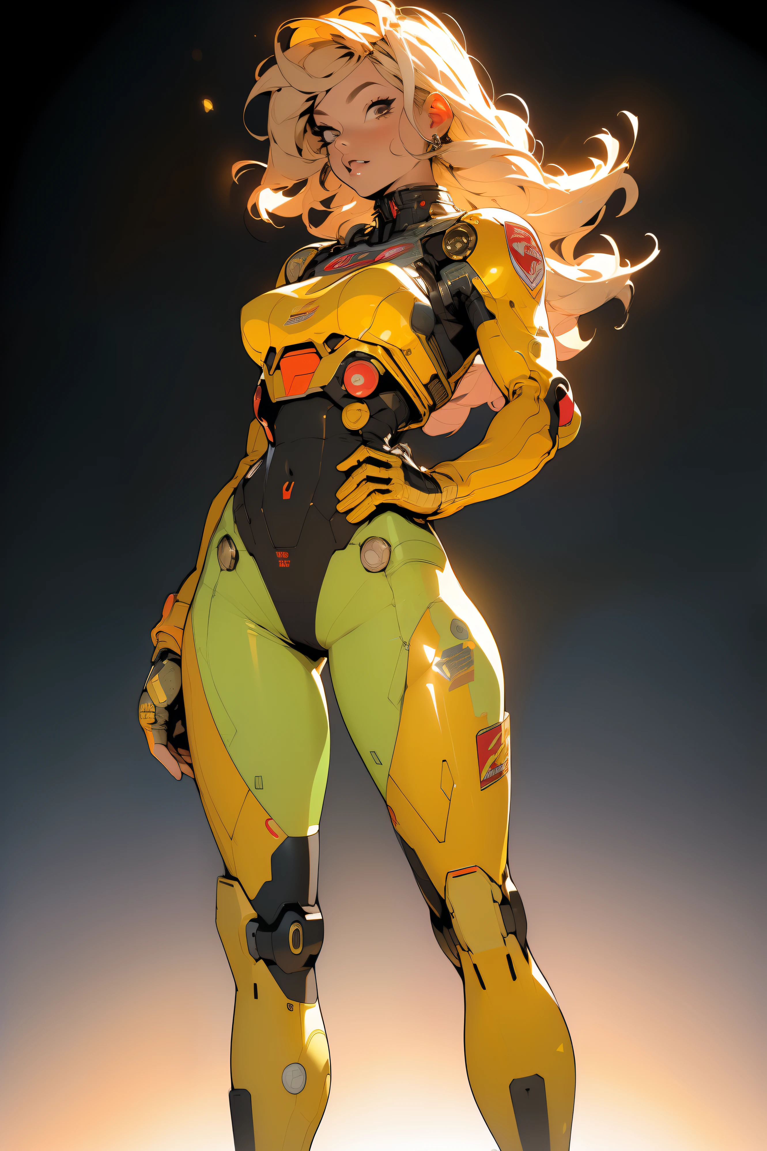 ((Best quality)), ((masterpiece)), (detailed: 1.4), (Absurd), (((full body)), (((woman))), 35-year-old woman, Beautiful fit woman, giant robot pilot, wild with perfect body, wearing little clothing, tiny thong, clothing with Japanese graphic patterns, halftone pattern and vertical stripes, yellow gold, coming out of the body of a giant robot