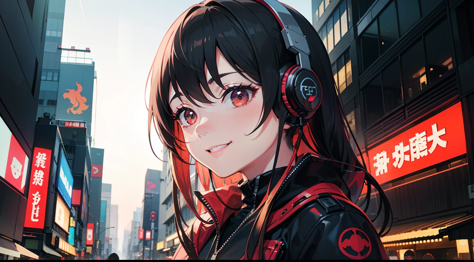 Cyberpunk, Red LED female samurai illustration profile, Wear overhead headphones, a smile、front-facing view, Background of the Japan in Tokyo, Provector, high detailing, Vibrant, Japan hologram symbol, Barcode Design, 4K, nffsw, masutepiece