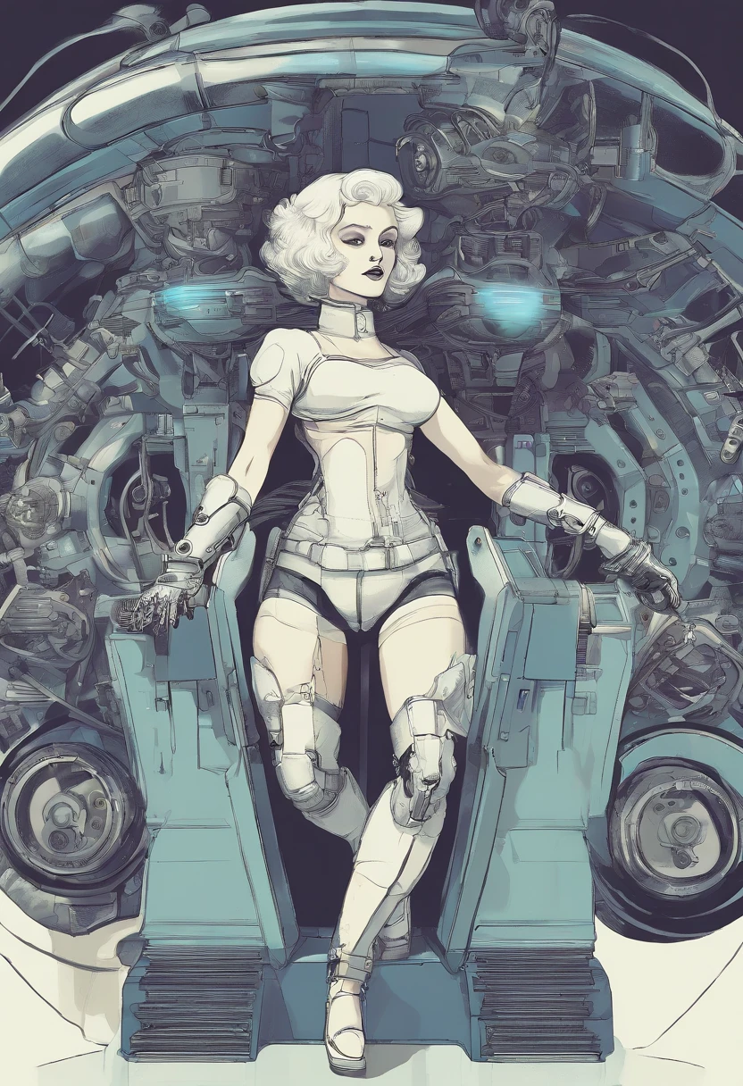 Girl with short-cut silver hair, mechanical headwear, working on robotics in a machine shop, tank top, sweat, mechanical gloves, mechanical prosthetic leg, The upper half of the body is flesh and blood, the lower half is mechanical,