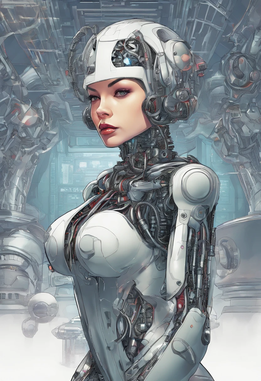 The portrait of a sexual android with the appearance of a beautiful young woman, anatomically correct, which has a semitransparent body, which allows you to see parts of its circuits, mechanical and organic parts and with the style of illustrator Lee Evans.