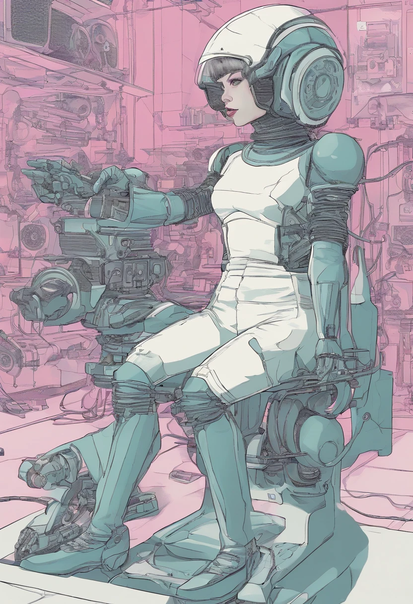 Girl with short-cut silver hair, mechanical headwear, working on robotics in a machine shop, tank top, sweat, mechanical gloves, mechanical prosthetic leg, The upper half of the body is flesh and blood, the lower half is mechanical,