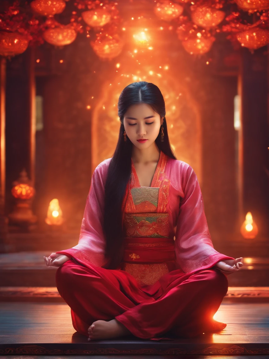 A Chinese girl,Meditate cross-legged, at centre,Very bright colors, Light particles, with light glowing, Mshiv, wallpaper art, UHD wallpaper